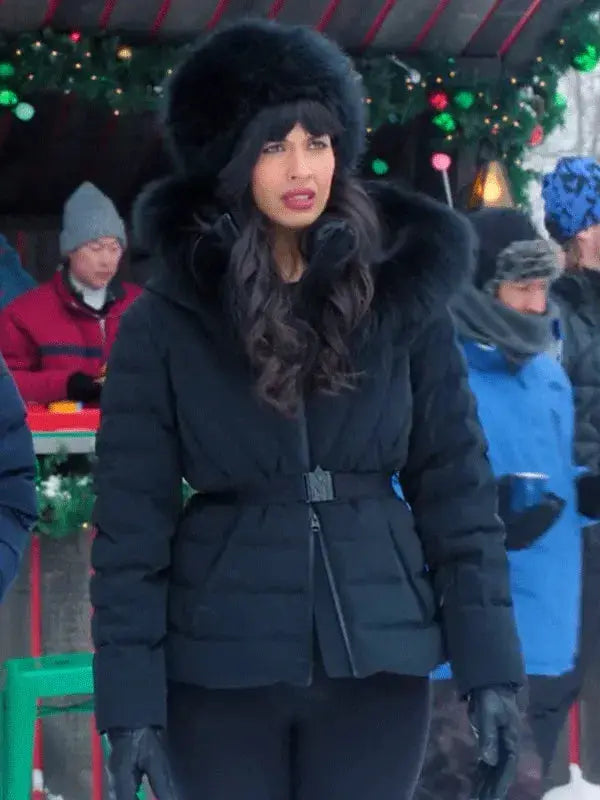 A Merry Little Ex-Mas Jameela Jamil Black Puffer Jacket WorthVee