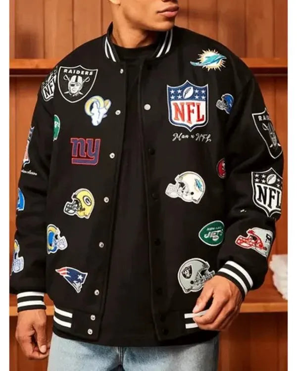 All Team Badges Black Varsity Jacket