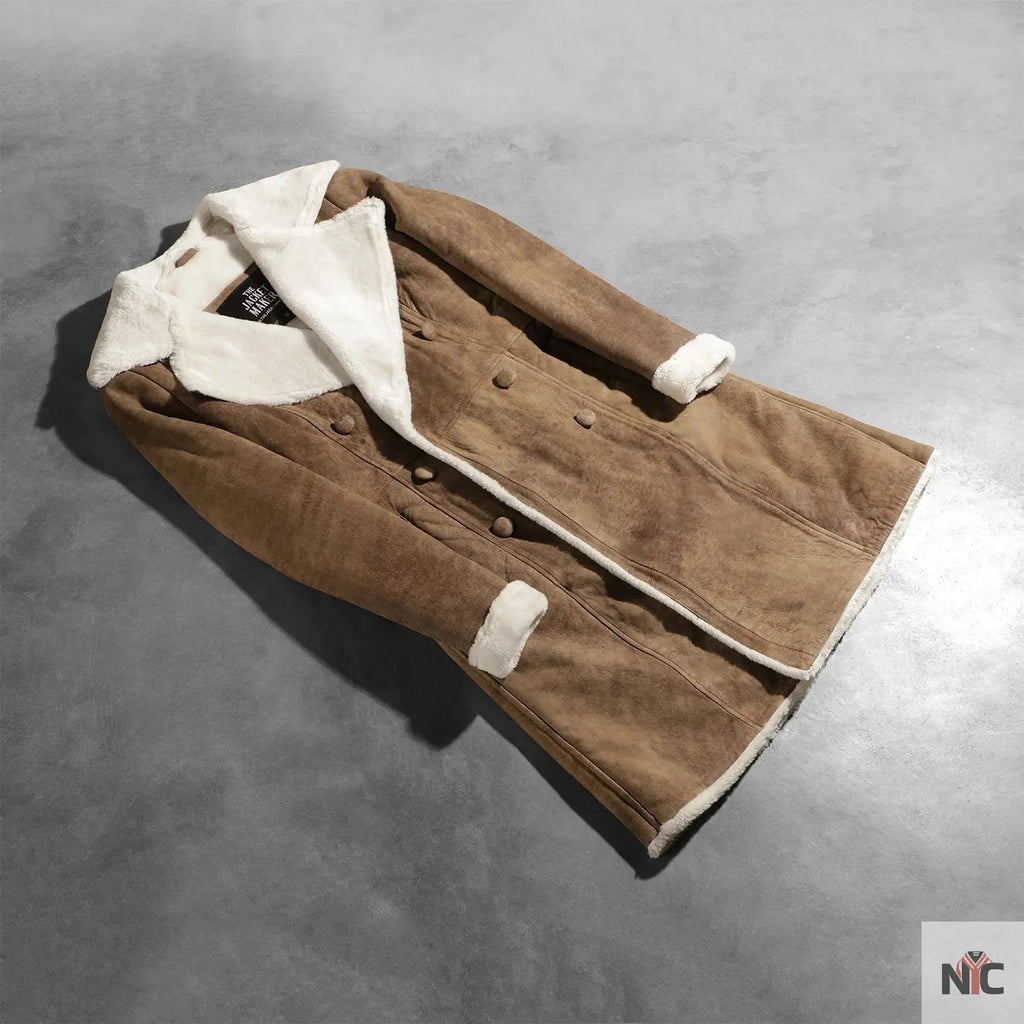 Amie Distressed Brown Double Breasted Shearling Coat Clanton Jacket