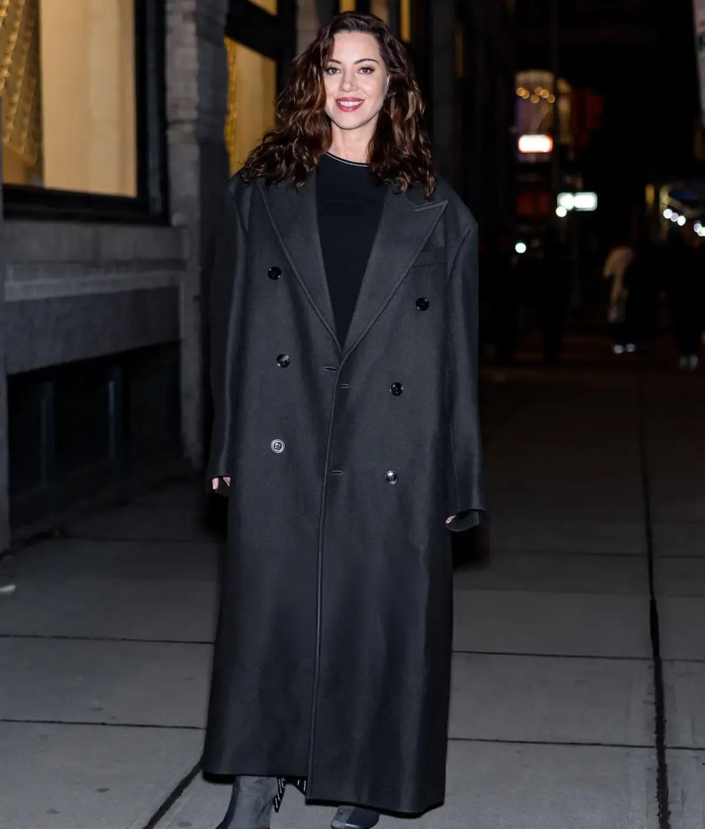 Aubrey Plaza NYC 2026 Black Coat