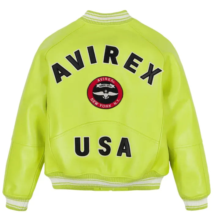 Avirex Inspired Light Green Leather Varsity Jacket