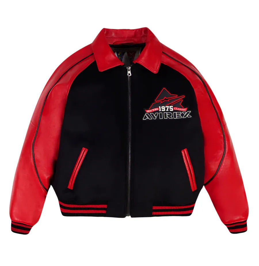 Avirex Inspired Red And Black Wool Leather Varsity Leather Jacket