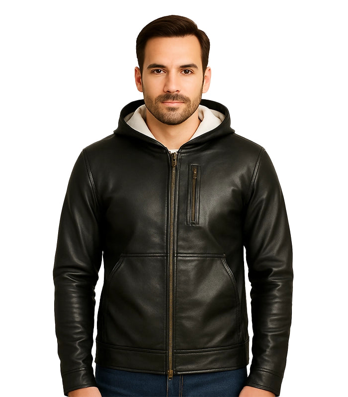 Baston – Black Hooded Leather Bomber Jacket WorthVee