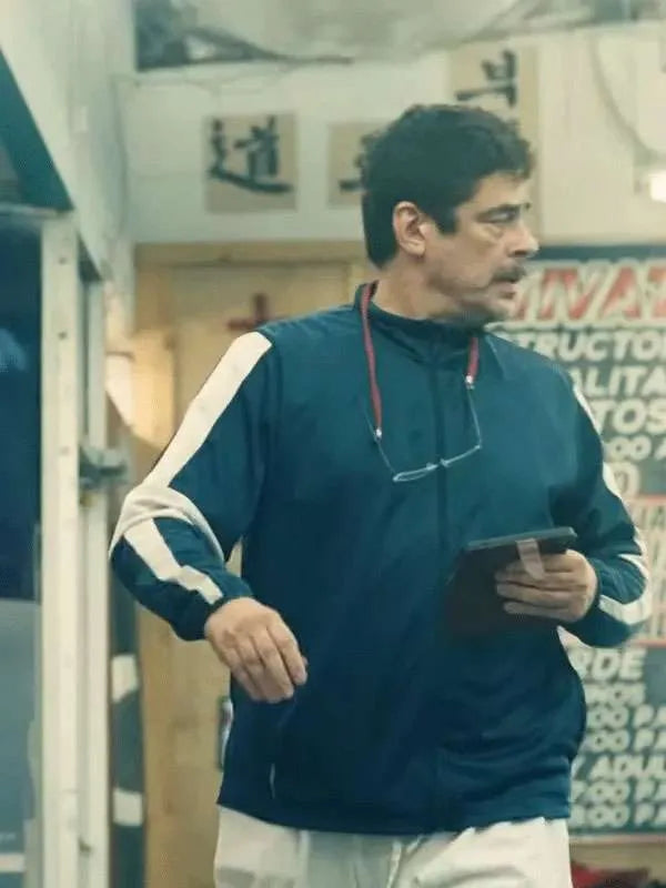Benicio del Toro One Battle After Another Blue Jacket
