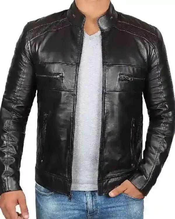Black Cafe Racer Leather Biker Jacket for Men