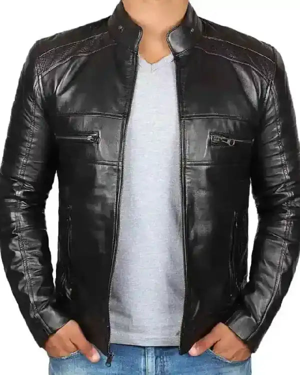 Black Cafe Racer Leather Biker Jacket for Men