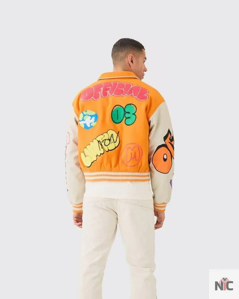 Boxy Fit Graffiti Orange Varsity Jacket Clanton Jacket