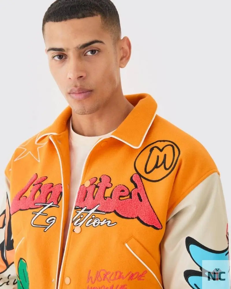 Boxy Fit Graffiti Orange Varsity Jacket Clanton Jacket
