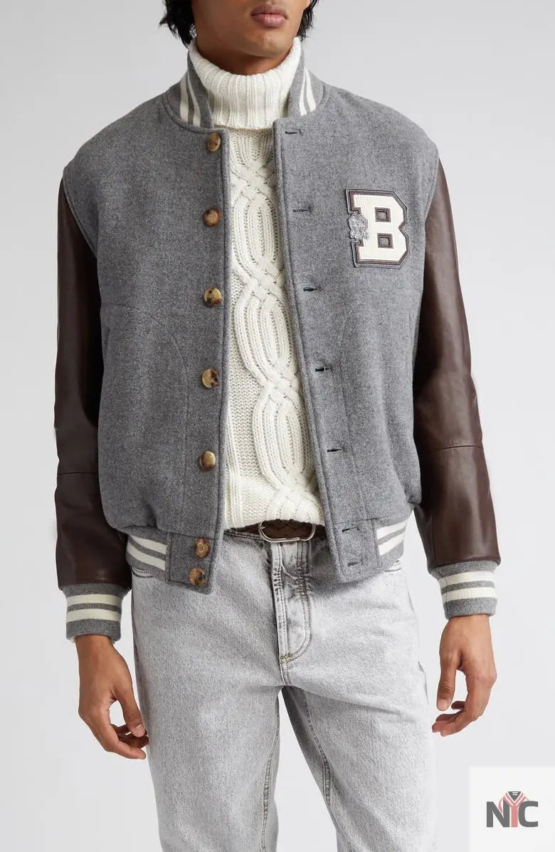 Brunello Cucinelli Wool & Leather Varsity Jacket Clanton Jacket