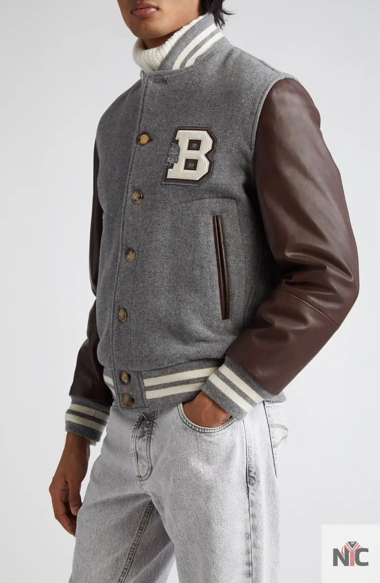 Brunello Cucinelli Wool & Leather Varsity Jacket Clanton Jacket