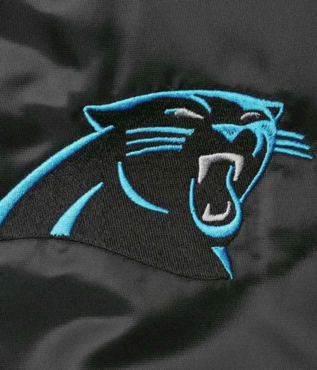Carolina Panthers Locker Room Bomber Satin Jacket