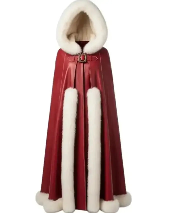 Christmas Red Leather Shearling Fur Cloak