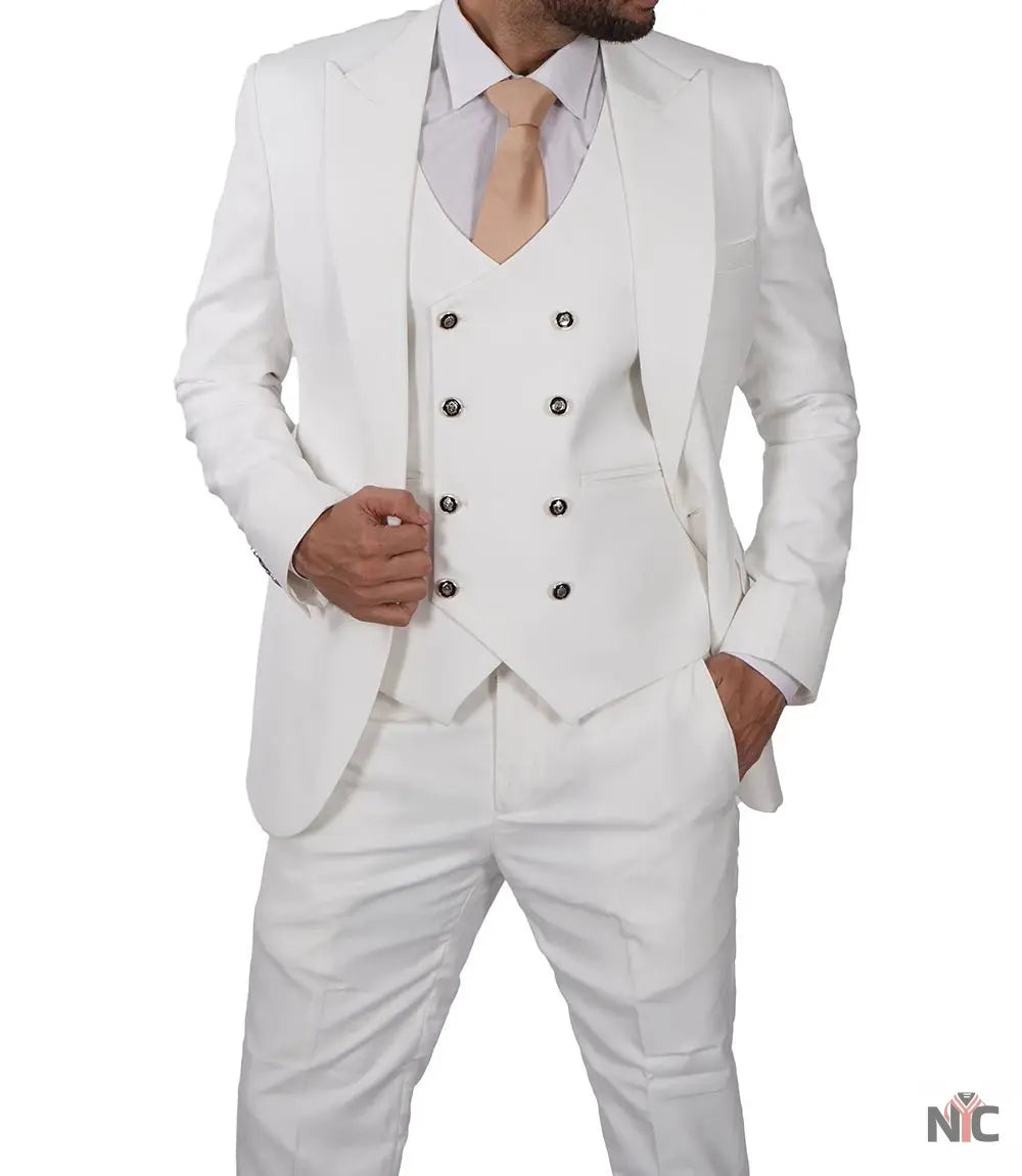 Classic Double-Breasted White 3-Piece Men's Wedding Suits Clanton Jacket