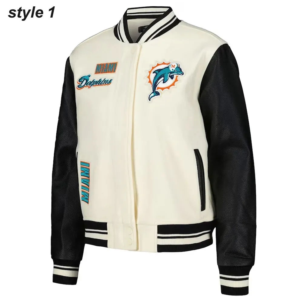 Cream Miami Dolphins Retro Classic Varsity Jacket WorthVee