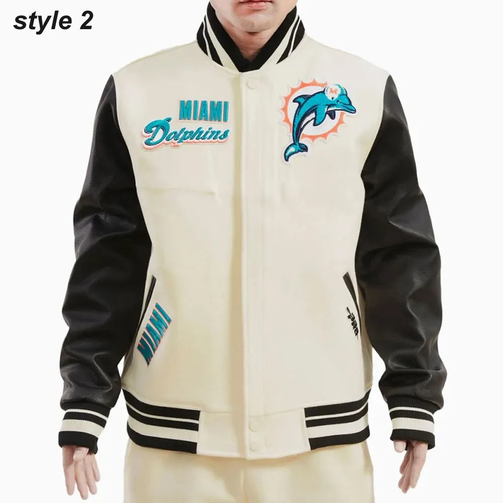 Cream Miami Dolphins Retro Classic Varsity Jacket WorthVee