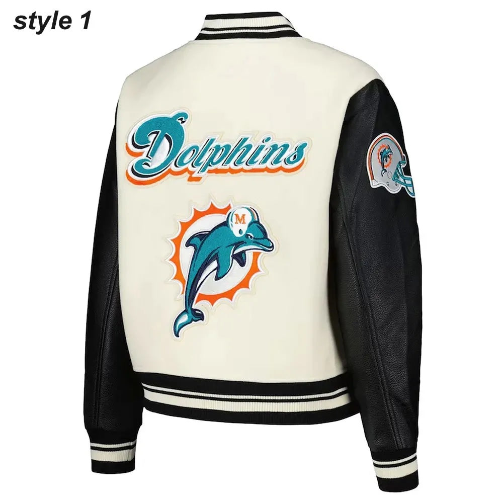 Cream Miami Dolphins Retro Classic Varsity Jacket WorthVee