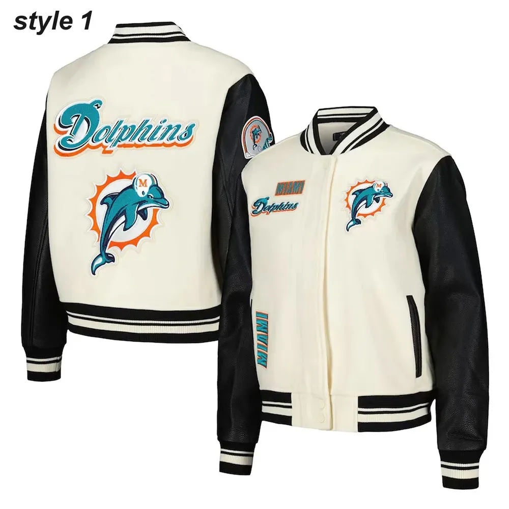 Cream Miami Dolphins Retro Classic Varsity Jacket WorthVee