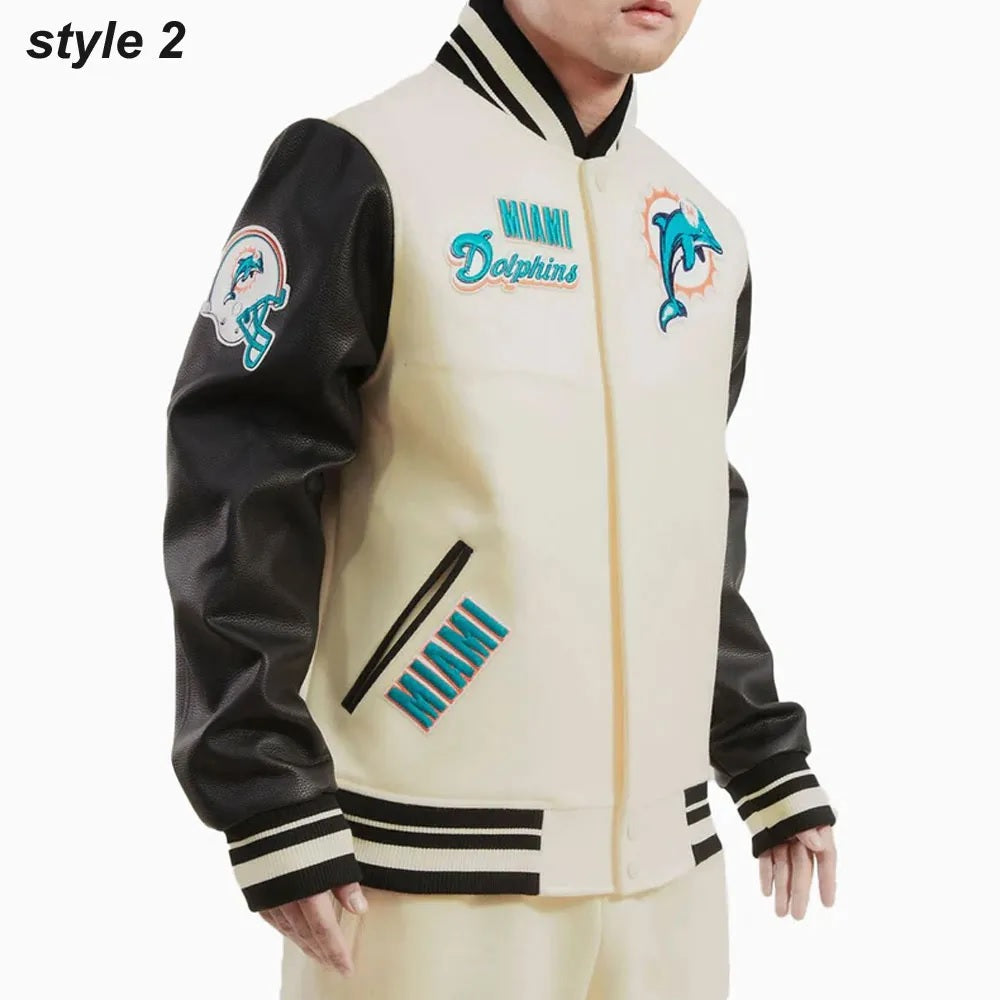 Cream Miami Dolphins Retro Classic Varsity Jacket WorthVee