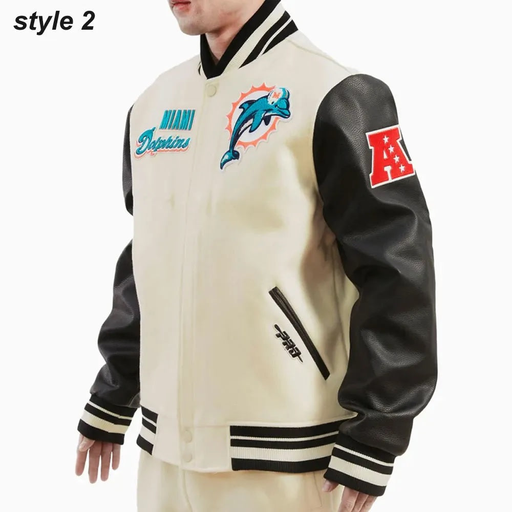 Cream Miami Dolphins Retro Classic Varsity Jacket WorthVee