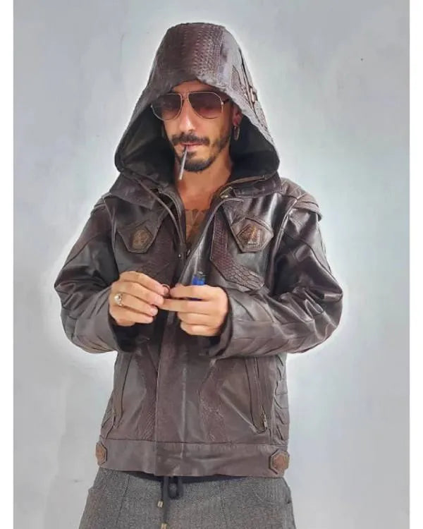 Cyberpunk Brown Hooded Leather Jacket