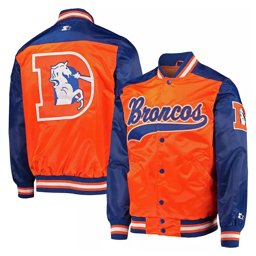Denver Broncos Blue and Orange Varsity Satin Jacket WorthVee