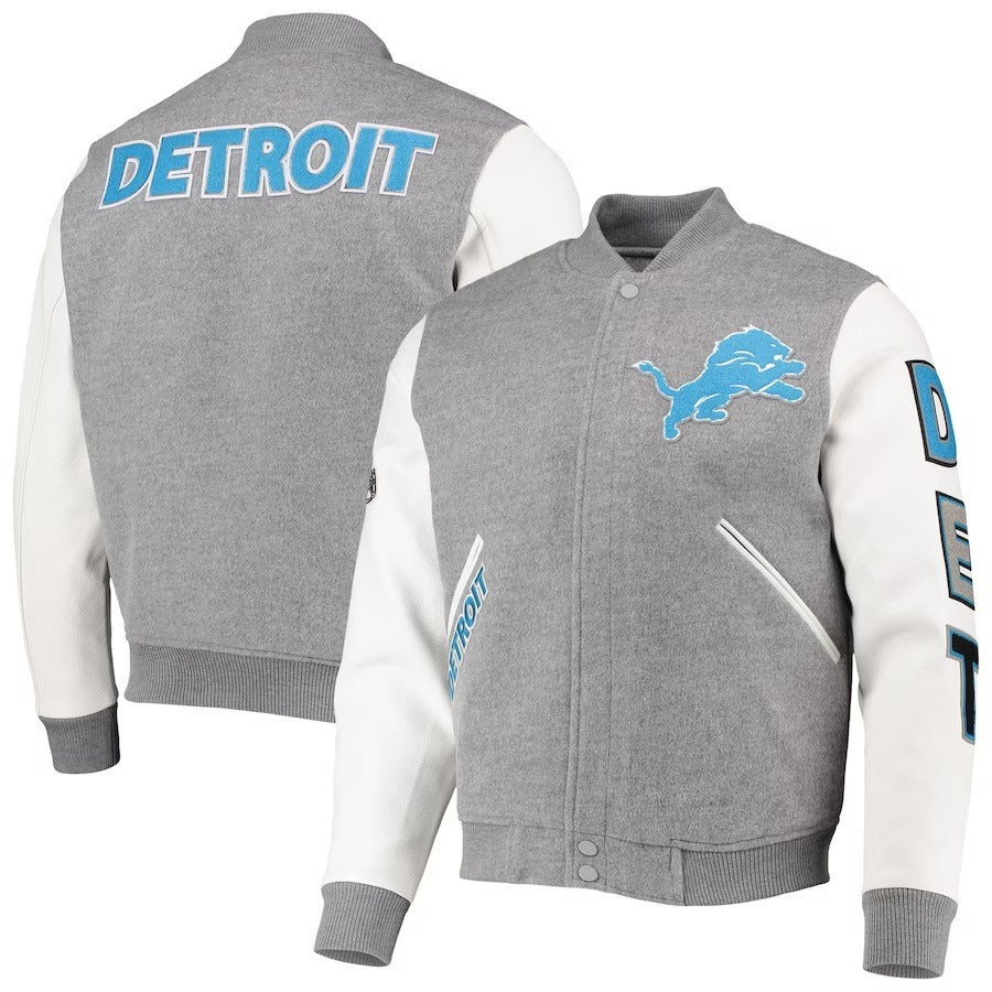 Detroit Lions Grey And White Varsity Jacket WorthVee