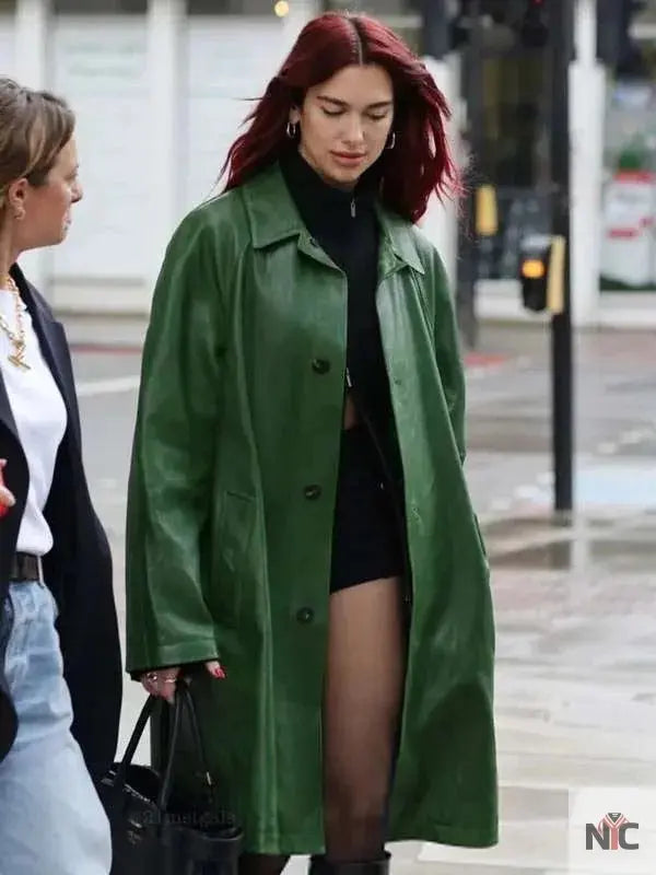 Dua Lipa Green Leather Coat Clanton Jacket