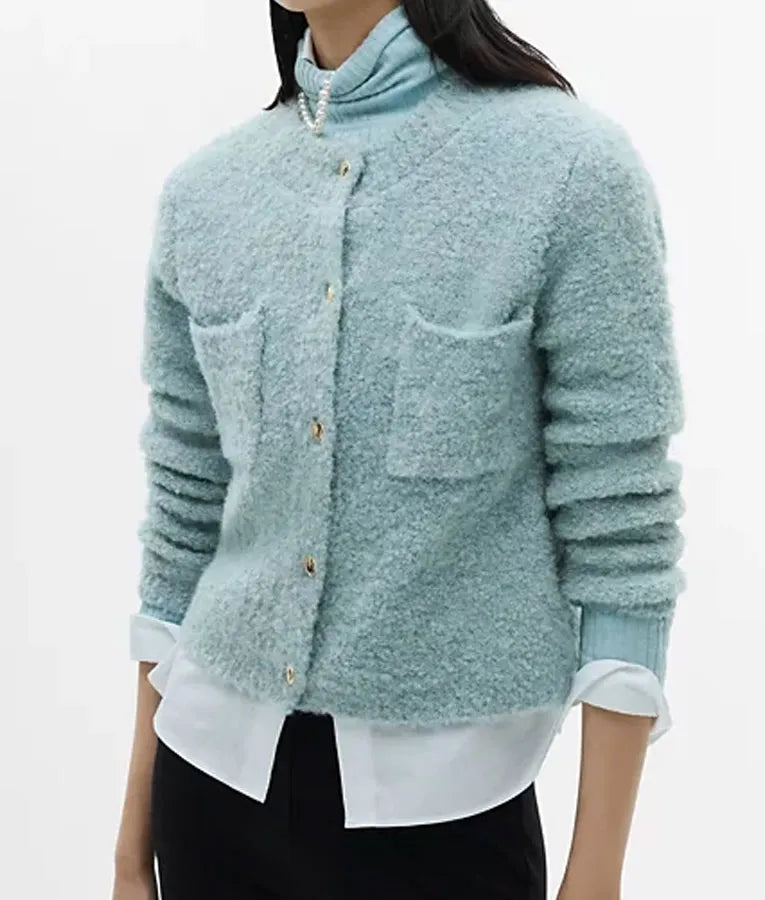 E! News 2025 Keltie Knight Blue Fuzzy Cardigan