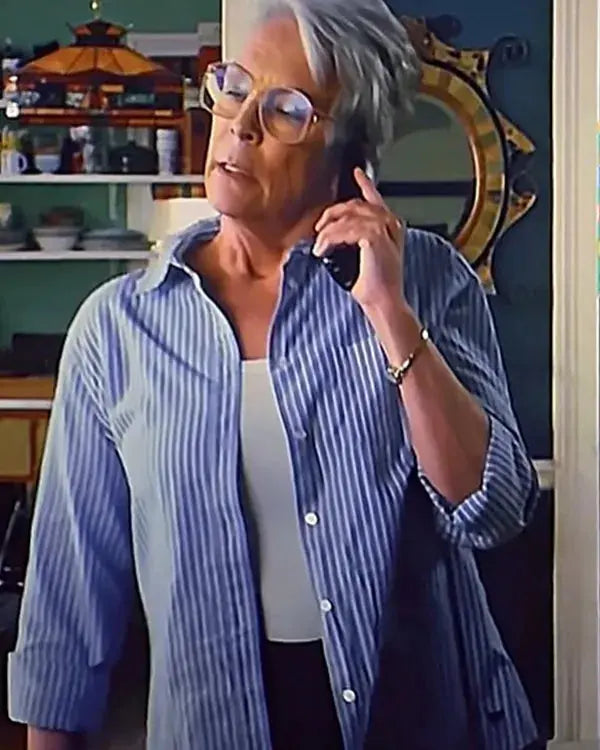 Ella McCay 2025 Jamie Lee Curtis Pinstriped Shirt WorthVee