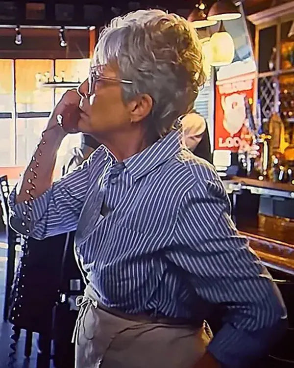 Ella McCay 2025 Jamie Lee Curtis Pinstriped Shirt WorthVee
