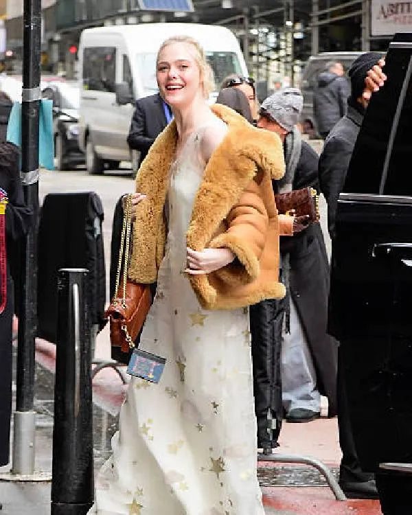 Elle Fanning NYC Brown Fur Leather Jacket
