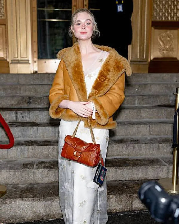 Elle Fanning NYC Brown Fur Leather Jacket