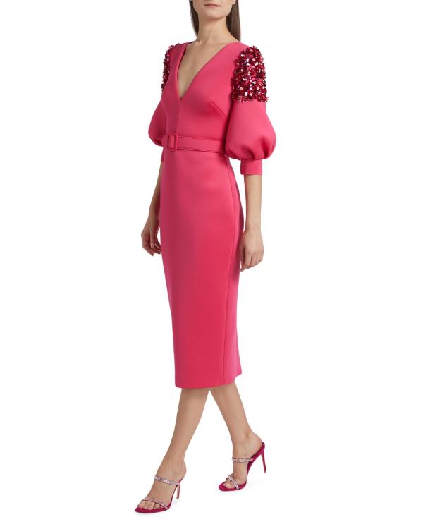 Elsbeth S03 Carrie Preston Pink Embellished Puff Sleeves Dress