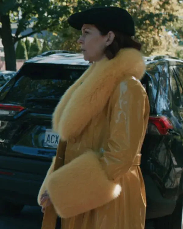 Elsbeth S03 Carrie Preston Fur Trim Yellow Leather Coat WorthVee