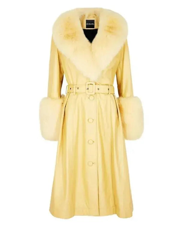 Elsbeth S03 Carrie Preston Fur Trim Yellow Leather Coat WorthVee