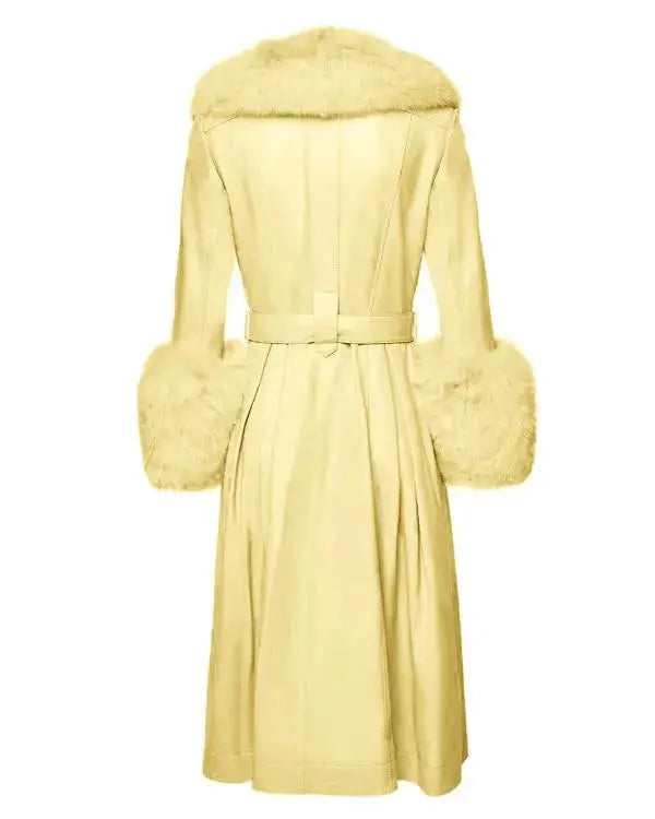 Elsbeth S03 Carrie Preston Fur Trim Yellow Leather Coat WorthVee