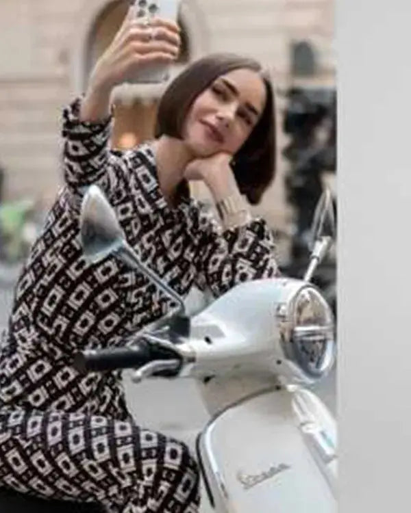 Emily In Paris S05 Lily Collins Brown Chain Print Jumpsuit WorthVee