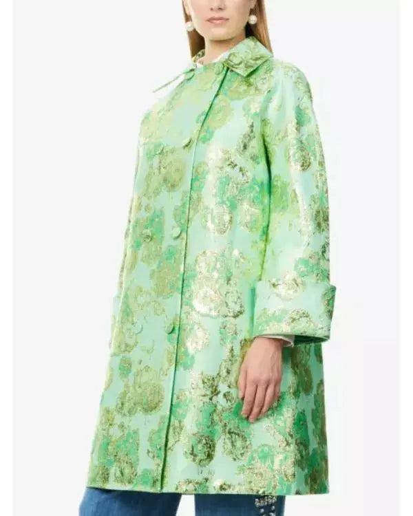 Emily In Paris S05 Lily Collins Green Floral Jacquard Coat WorthVee