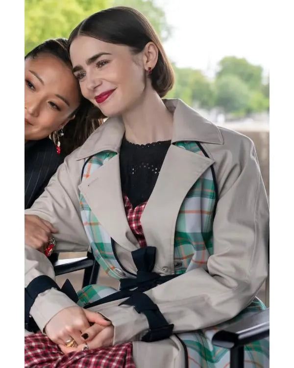 Emily In Paris S05 Lily Collins Green Plaid Panel Trench Coat WorthVee