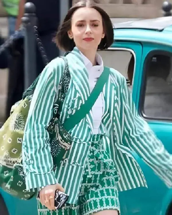 Emily In Paris S05 Lily Collins Green Striped Jacket WorthVee