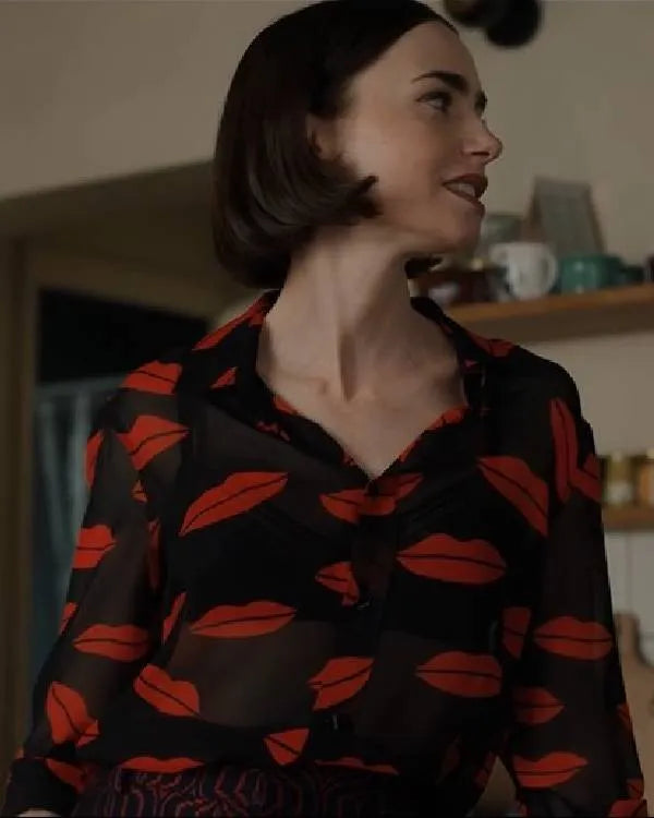 Emily in Paris S05 Lily Collins Lips Printed Blouse