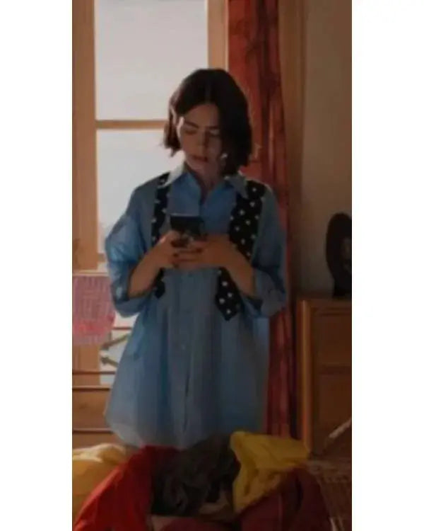 Emily in Paris S05 Lily Collins Shirt With Polka Dot Tie Print WorthVee