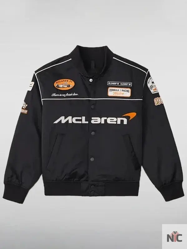F1 McLaren Black Satin Bomber Jacket Clanton Jacket