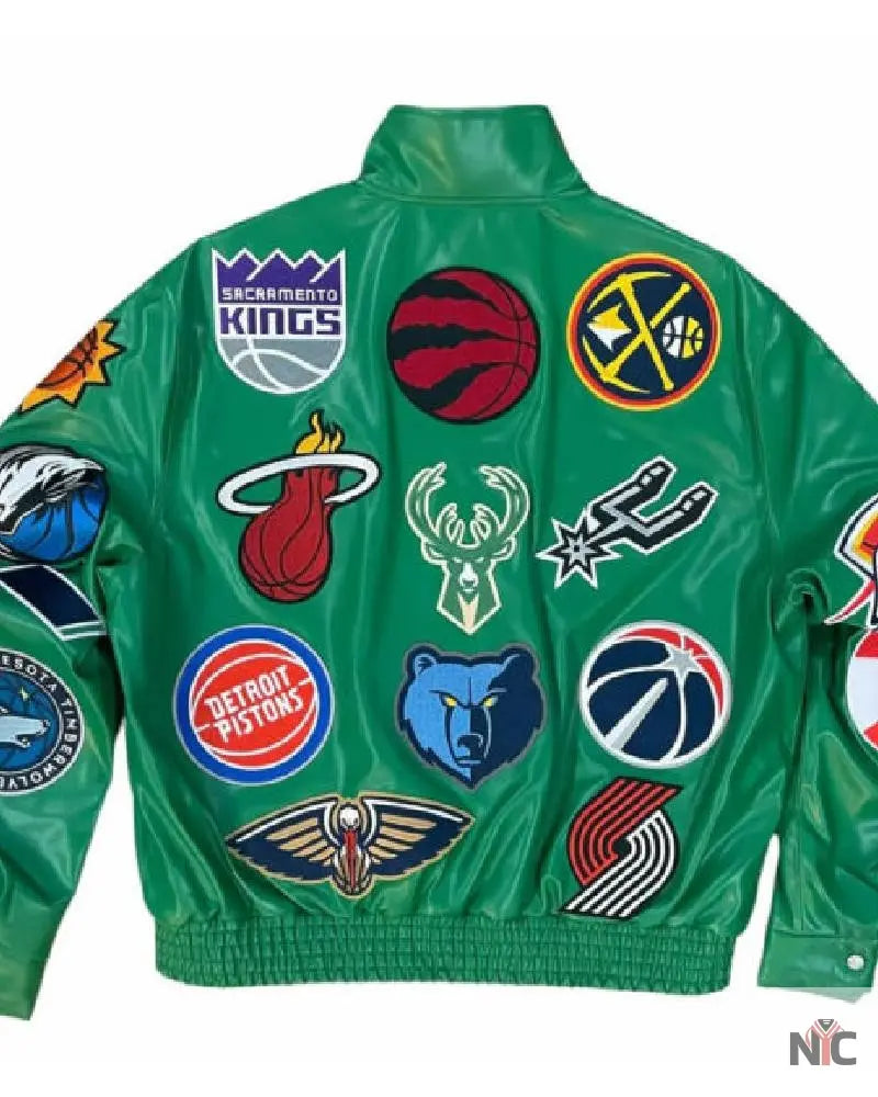 Green NBA Team Collage Jeff Hamilton Leather Jacket Clanton Jacket