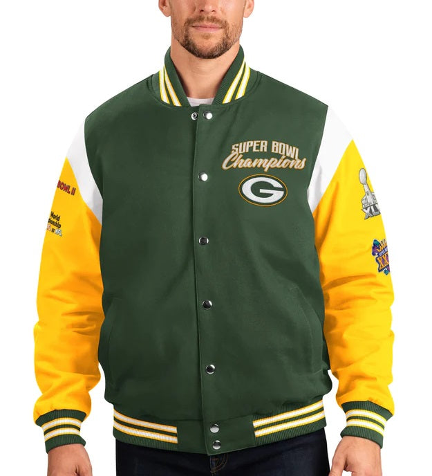 Green Bay Packers 4 Time Super Bowl Varsity Jacket WorthVee