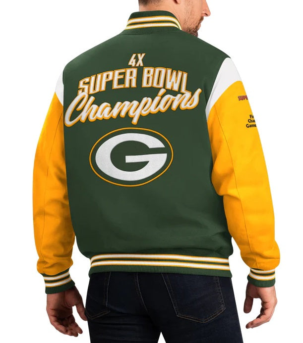 Green Bay Packers 4 Time Super Bowl Varsity Jacket WorthVee