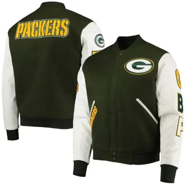 Green Bay Packers Black and White Varsity Jacket WorthVee