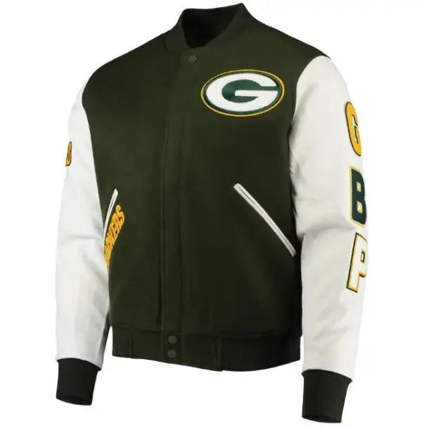 Green Bay Packers Black and White Varsity Jacket WorthVee