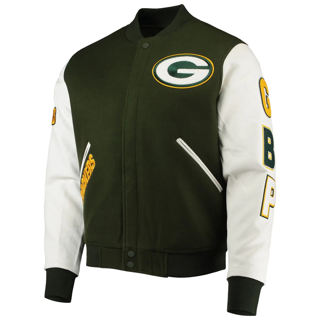 Green Bay Packers Full-zip Green and White Varsity Jacket WorthVee