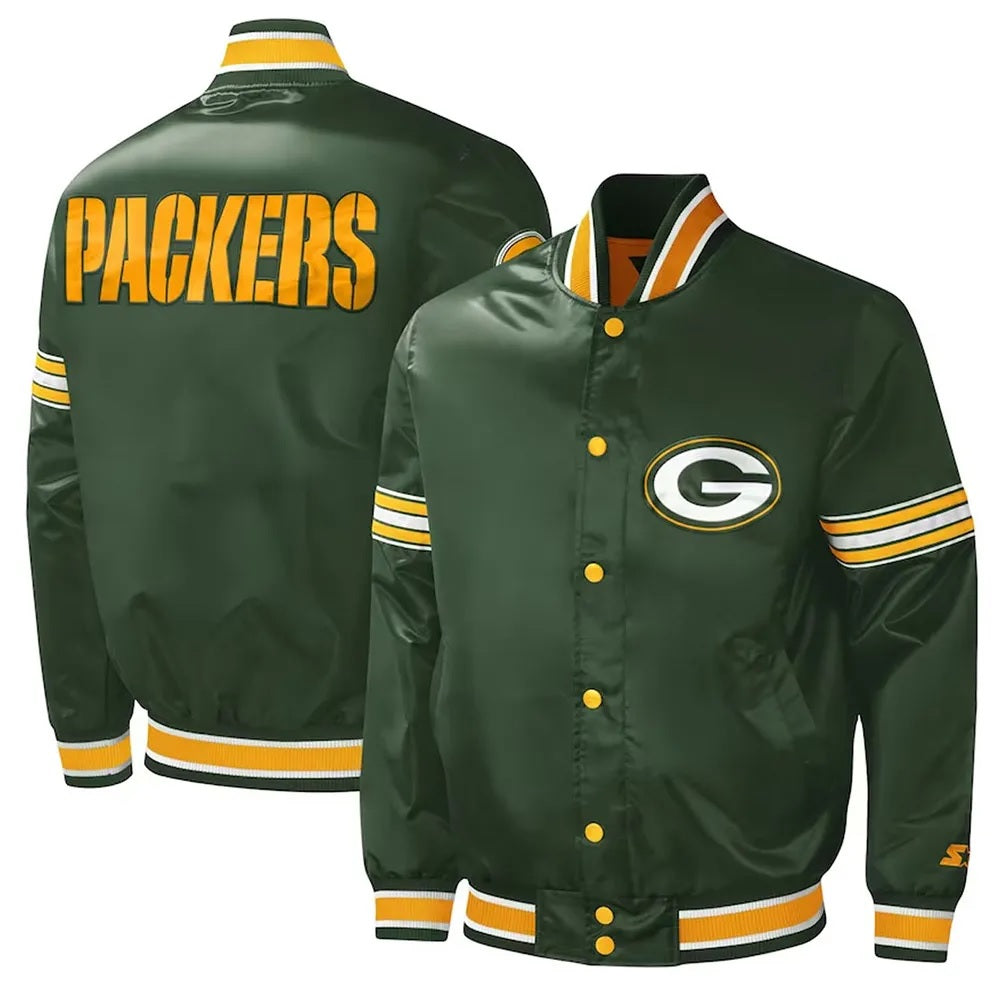 Green Bay Packers Midfield Varsity Green Satin Jacket WorthVee